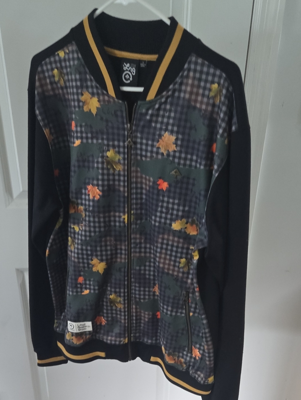 LRG Black & Green Plaid Bomber Jacket with Yellow Leaf Accents